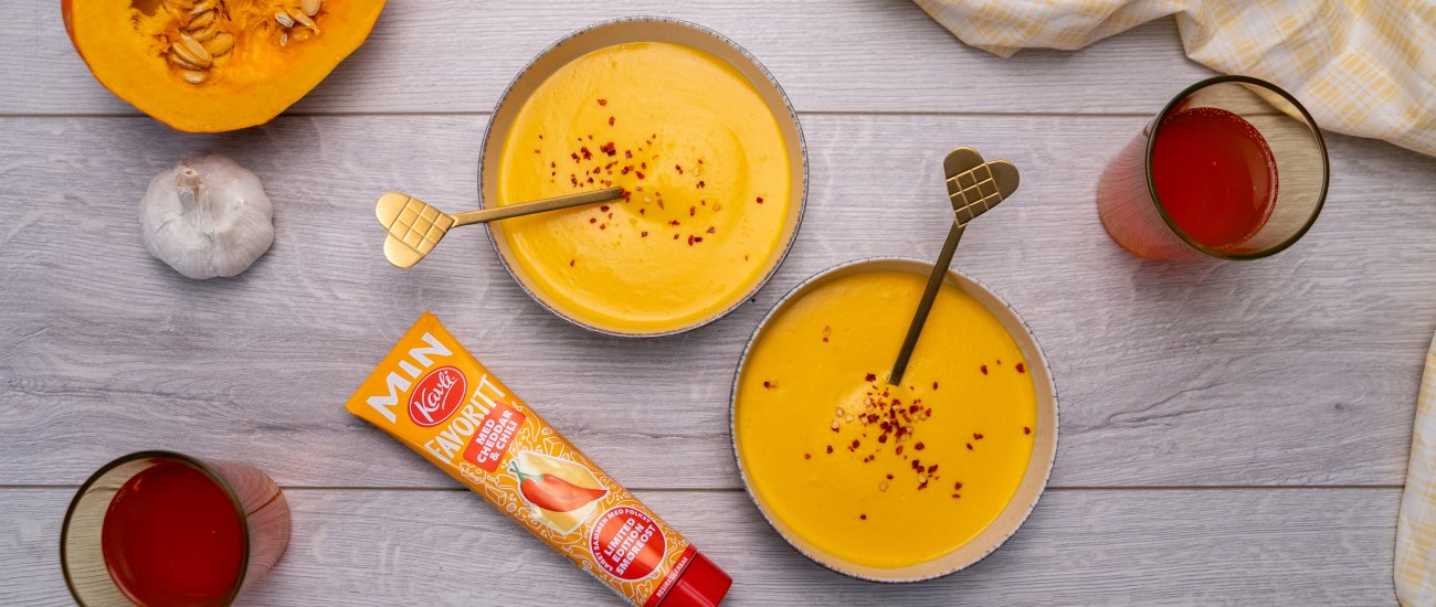 Gresskarsuppe cheddar chili Gresskarsuppe cheddar chili